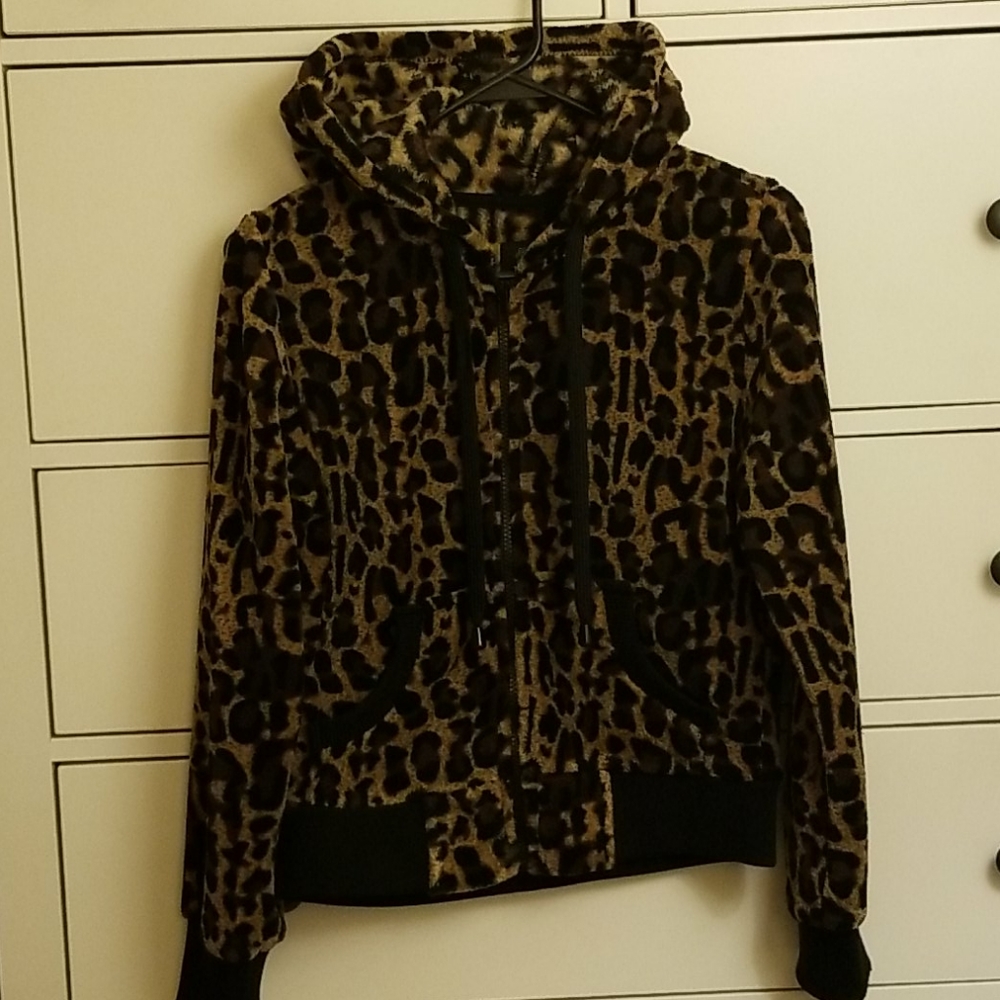 Leopard Print Fluffy Plush Zipper Hoodie Jacket